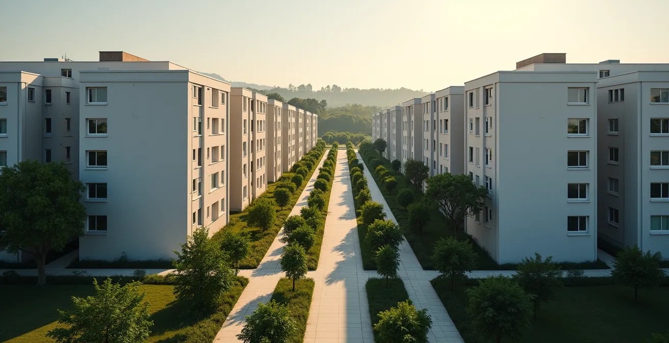 Vue aérienne minimaliste d'un quartier résidentiel avec espaces verts