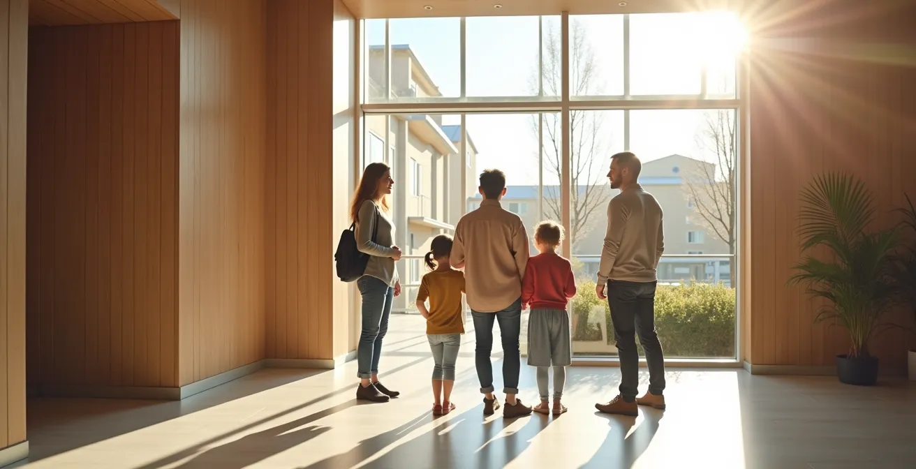 Famille visitant une résidence senior avec conseiller accueillant