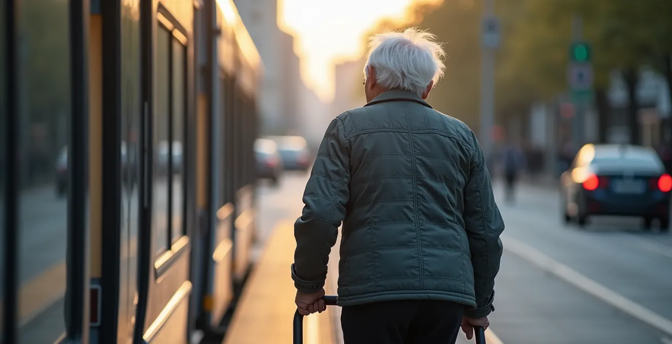 Personne âgée montant dans le tramway de Brest avec son déambulateur