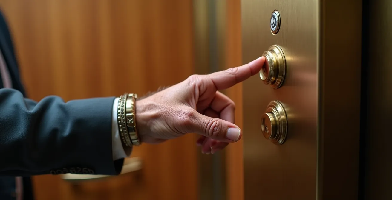 Gros plan sur la main d'une personne âgée actionnant le bouton d'un ascenseur privatif