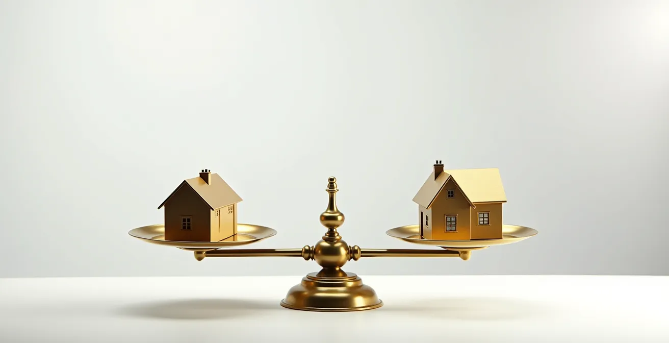 Composition symbolique avec une balance équilibrée entre deux modèles réduits de maisons