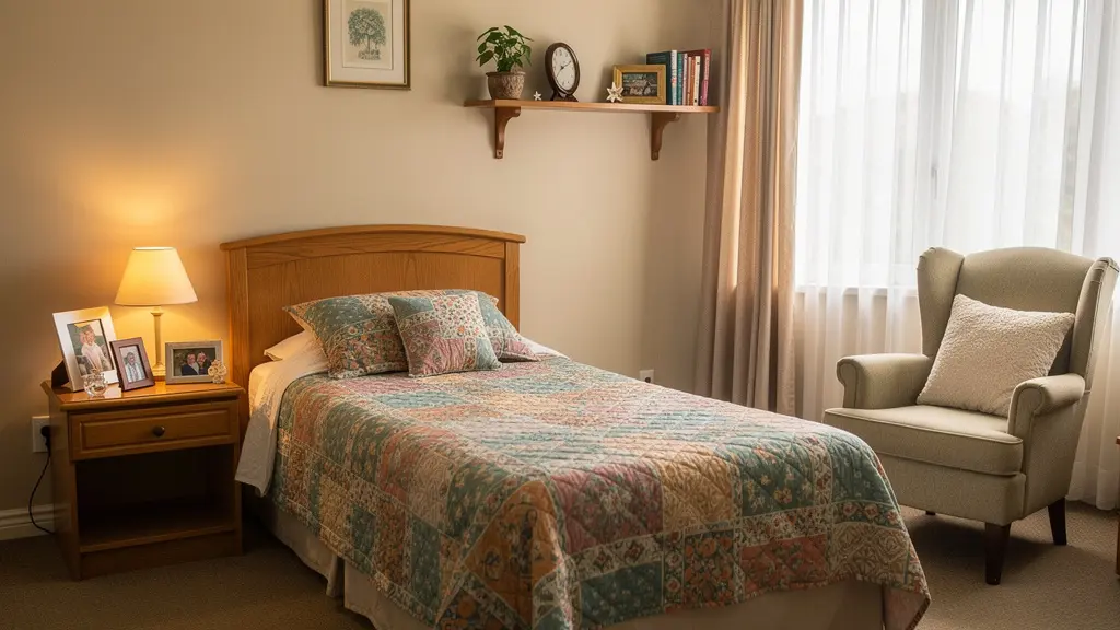 Chambre de résident EHPAD personnalisée avec photos de famille et objets personnels