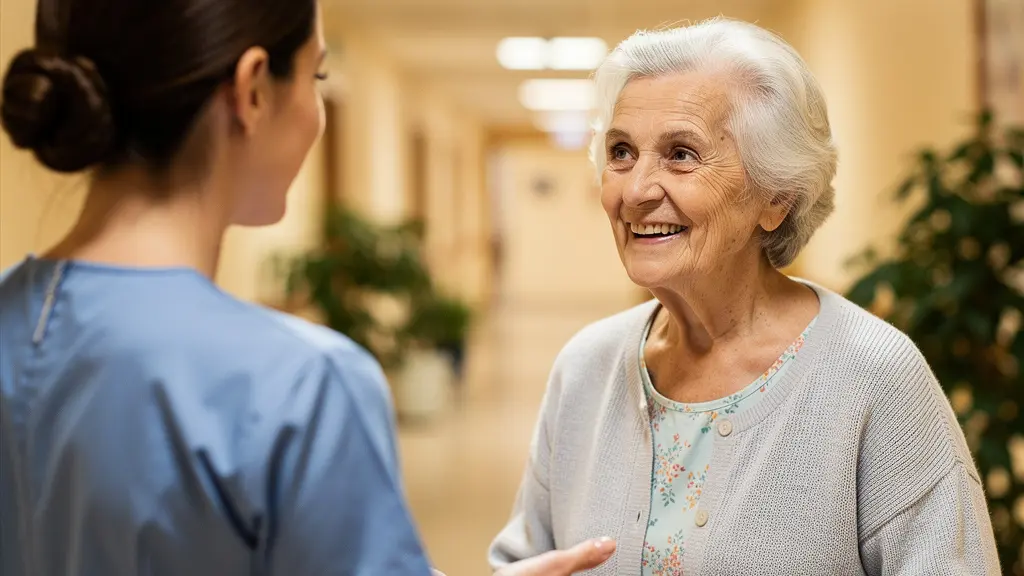 Soignante en conversation bienveillante avec une résidente dans un couloir d'EHPAD