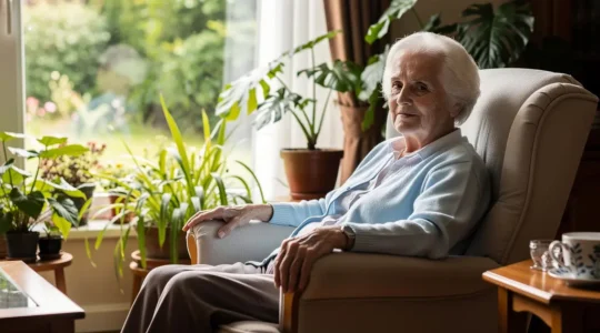 Résidente sereine dans un espace de vie chaleureux et lumineux d'un EHPAD parisien