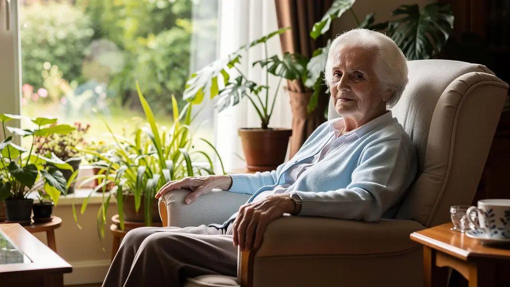 Résidente sereine dans un espace de vie chaleureux et lumineux d'un EHPAD parisien