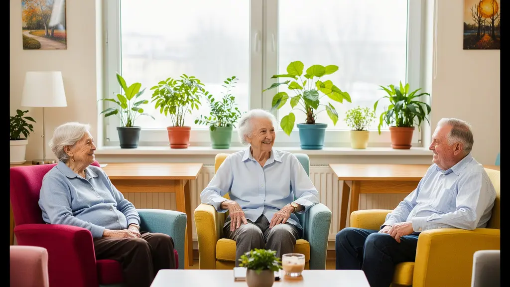 Salle commune d'EHPAD avec résidents participant à une activité collective