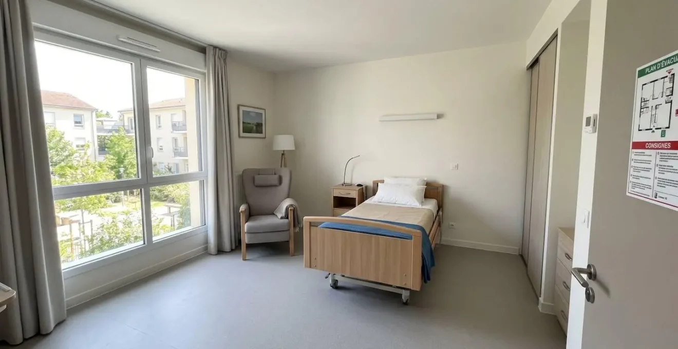 Chambre d'EHPAD contemporaine avec lit médicalisé, fauteuil et grande fenêtre laissant entrer la lumière naturelle