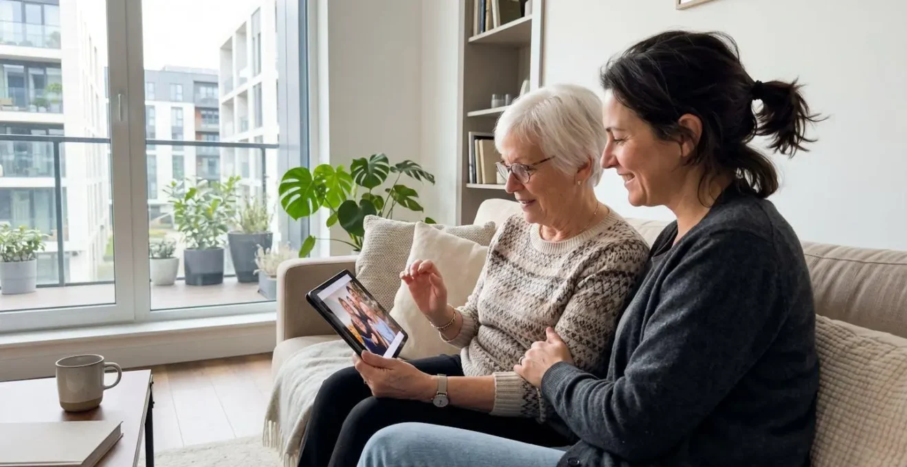 Une femme d'âge mûr et sa mère âgée assises ensemble sur un canapé contemporain, consultant une tablette numérique dans un salon lumineux