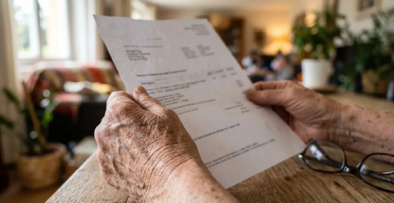 Gros plan sur les mains d'une personne âgée tenant un document de facturation, avec des lunettes posées sur une table en bois clair