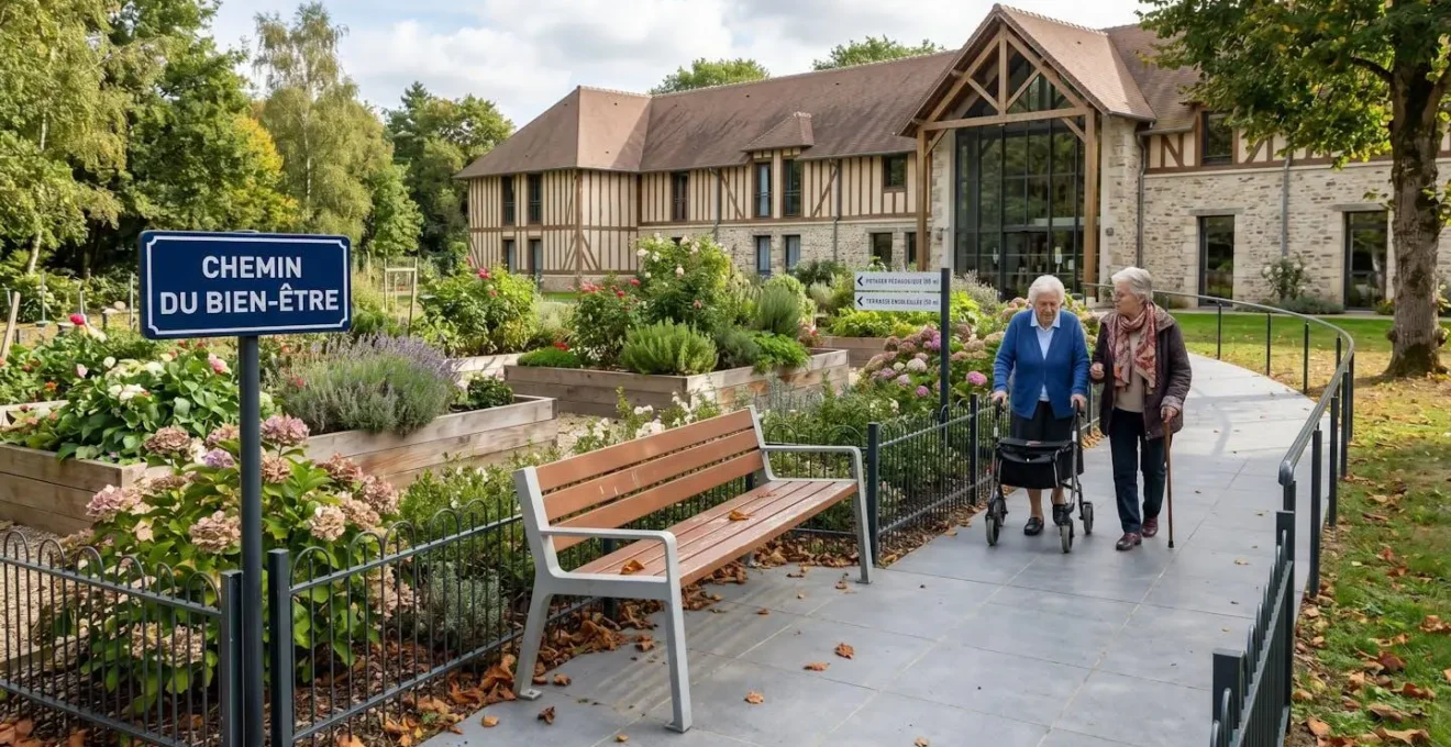 Jardin thérapeutique d'EHPAD en Normandie avec parcours de déambulation sécurisé, signalétique contrastée et espaces verts accessibles aux personnes âgées
