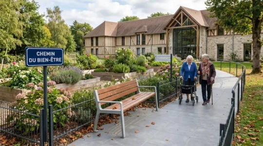 Jardin thérapeutique d'EHPAD en Normandie avec parcours de déambulation sécurisé, signalétique contrastée et espaces verts accessibles aux personnes âgées