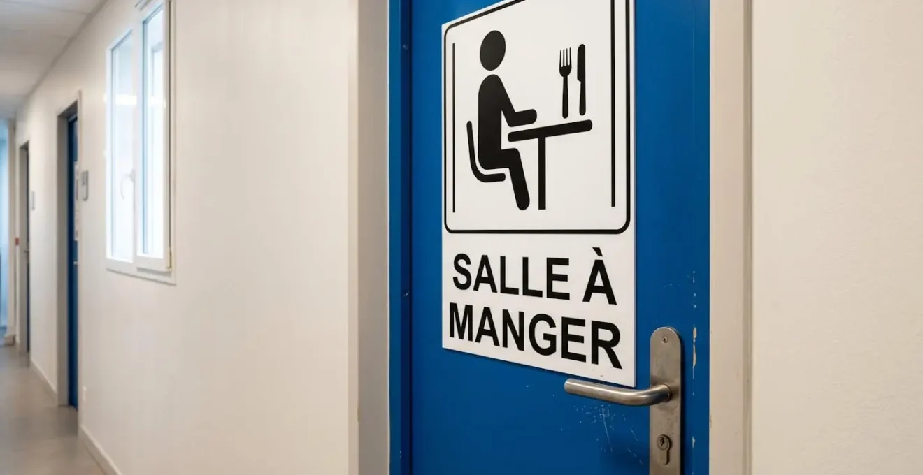 Signalétique adaptée dans un couloir d'EHPAD : pictogramme contrasté de grande taille avec texte français lisible et porte colorée pour faciliter l'orientation des résidents