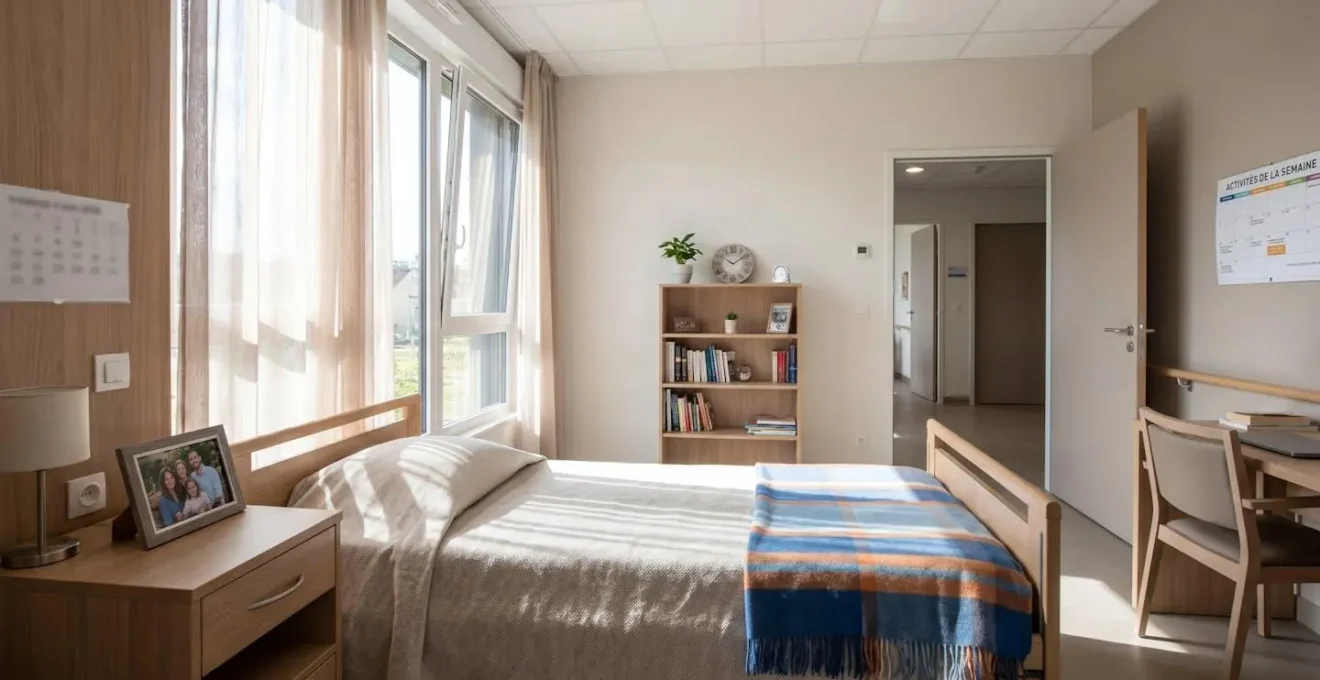 Vue d'une chambre lumineuse en EHPAD avec objets personnels sur la table de chevet et couverture colorée