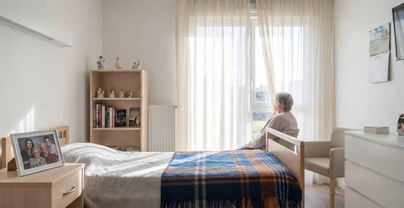 Vue d'une chambre lumineuse en EHPAD avec objets personnels sur la table de chevet et couverture colorée
