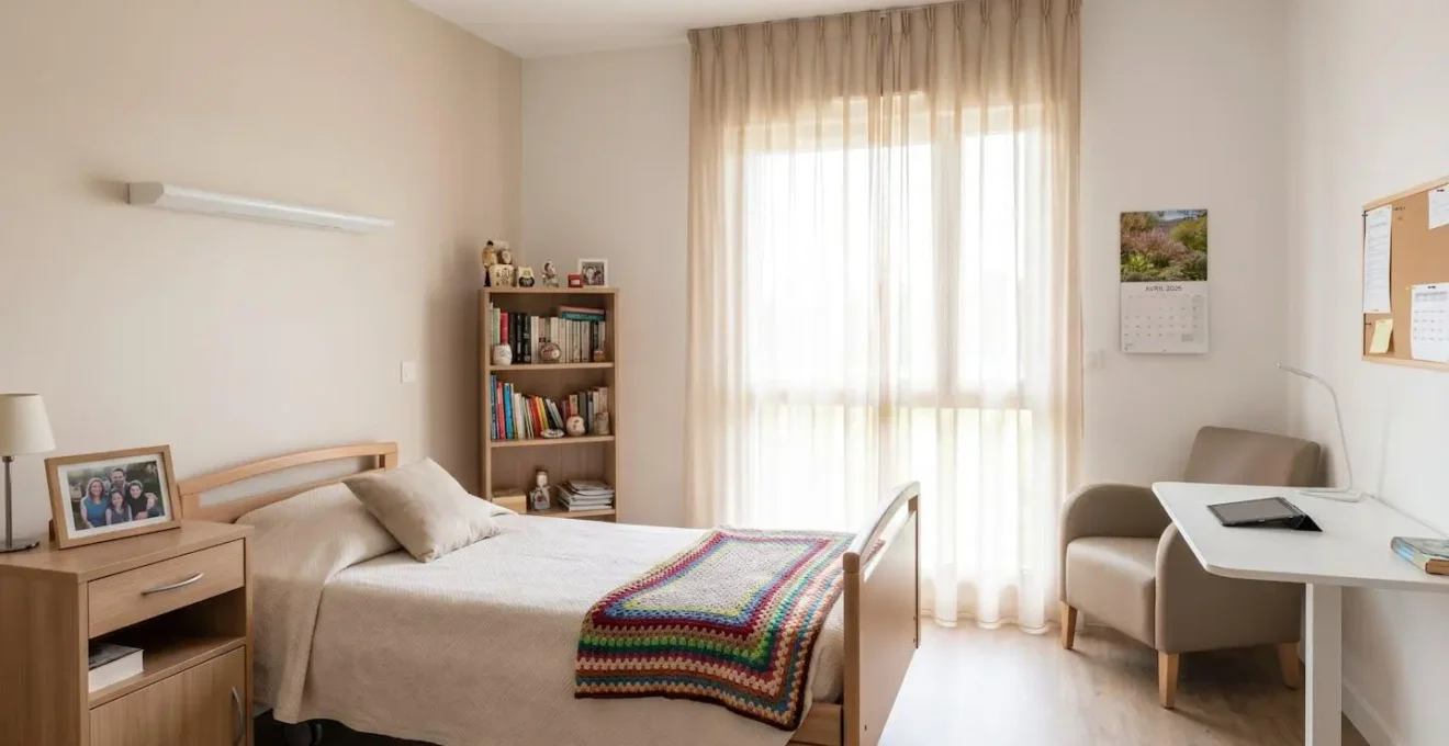 Vue d'une chambre lumineuse en EHPAD avec objets personnels sur la table de chevet et couverture colorée
