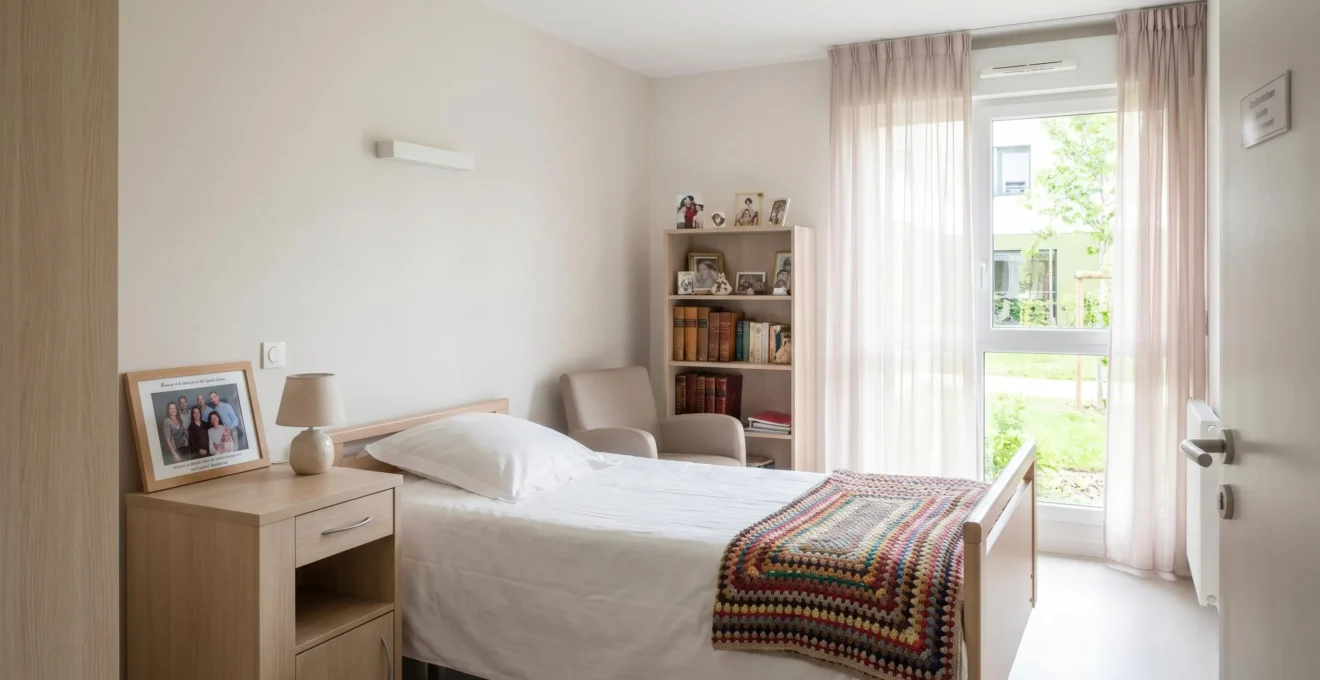 Vue d'une chambre lumineuse en EHPAD avec objets personnels sur la table de chevet et couverture colorée