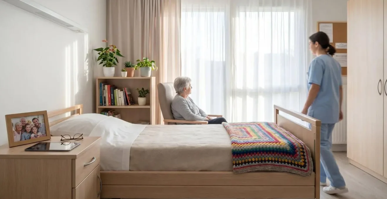 Vue d'une chambre lumineuse en EHPAD avec objets personnels sur la table de chevet et couverture colorée