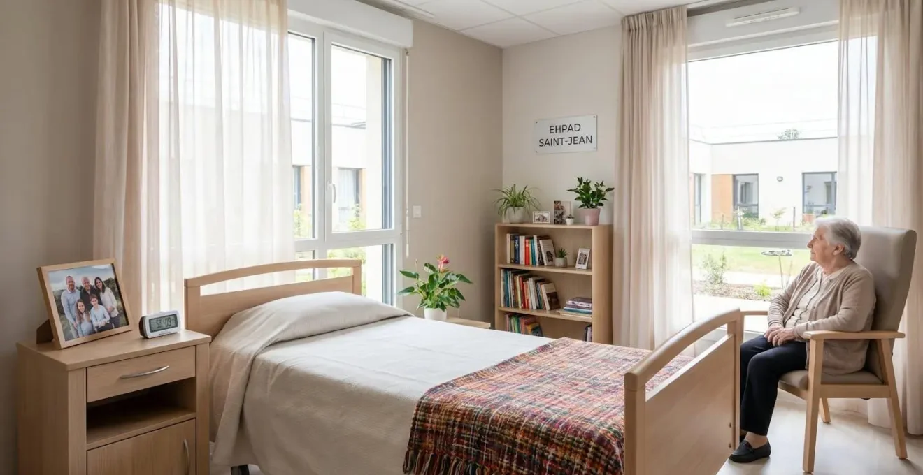 Vue d'une chambre lumineuse en EHPAD avec objets personnels sur la table de chevet et couverture colorée
