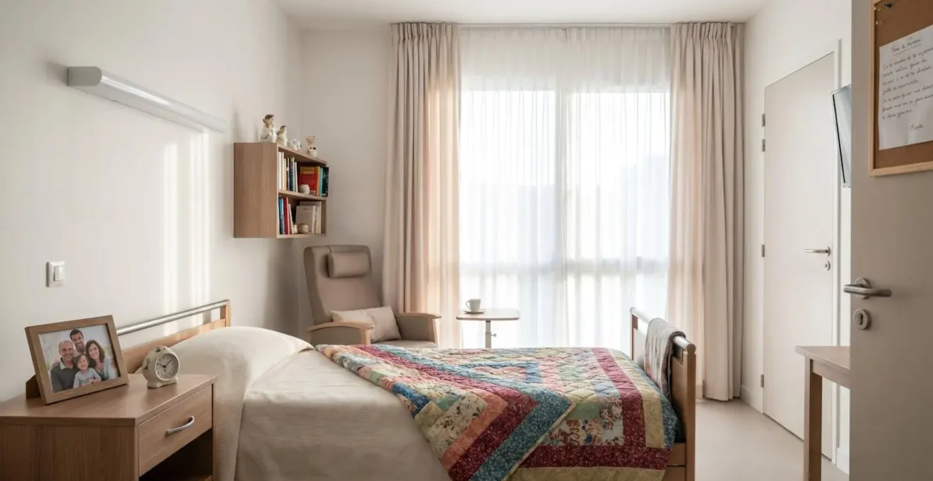 Vue d'une chambre lumineuse en EHPAD avec objets personnels sur la table de chevet et couverture colorée