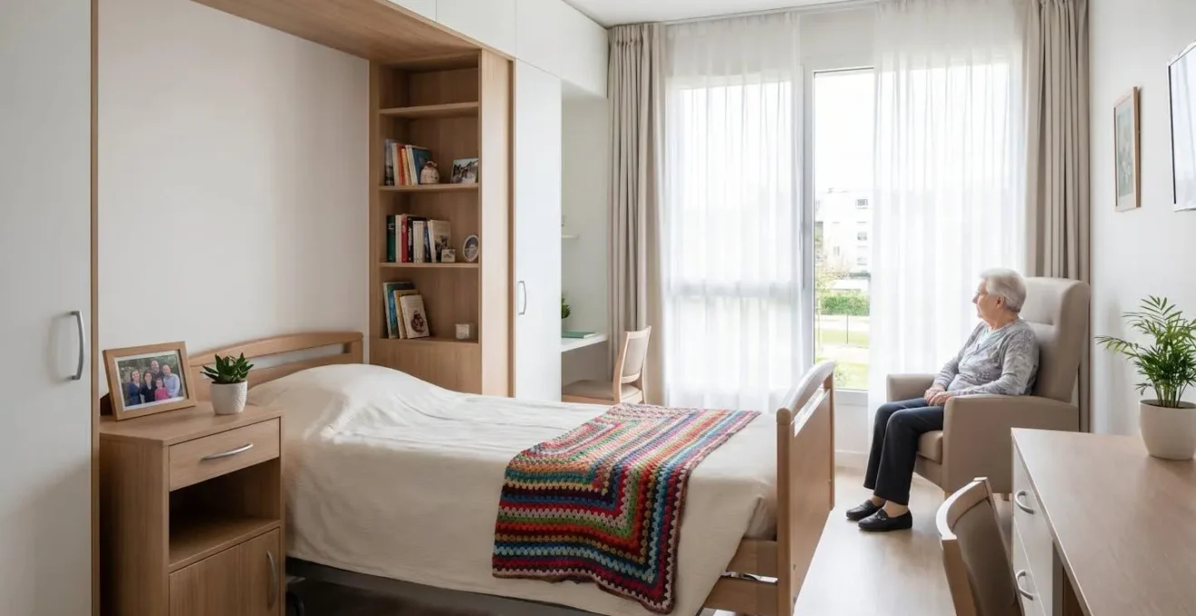 Vue d'une chambre lumineuse en EHPAD avec objets personnels sur la table de chevet et couverture colorée