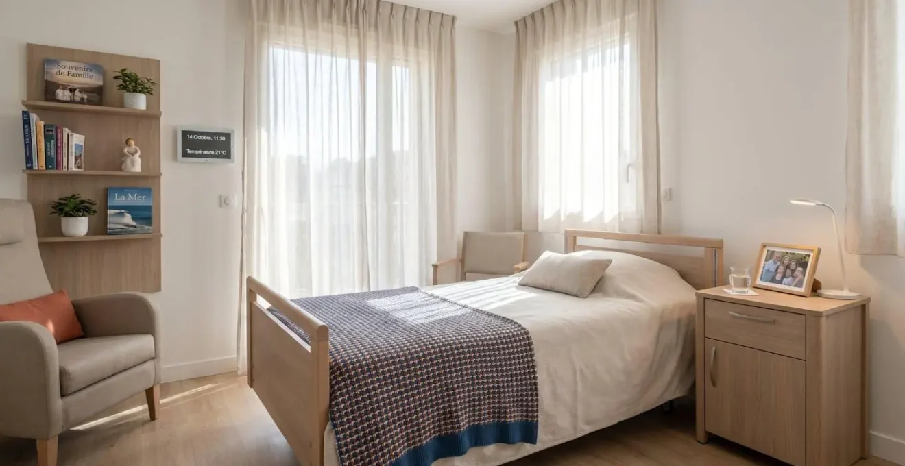 Vue d'une chambre lumineuse en EHPAD avec objets personnels sur la table de chevet et couverture colorée