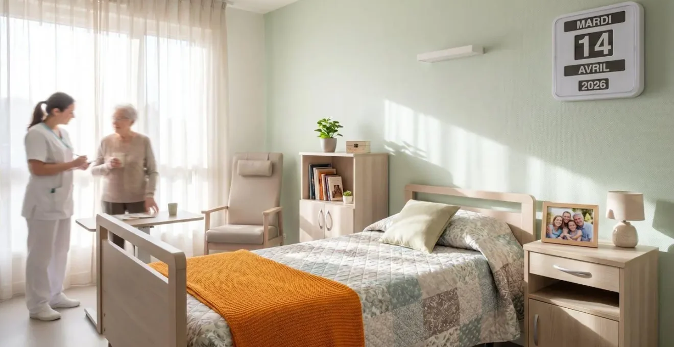 Vue d'une chambre lumineuse en EHPAD avec objets personnels sur la table de chevet et couverture colorée