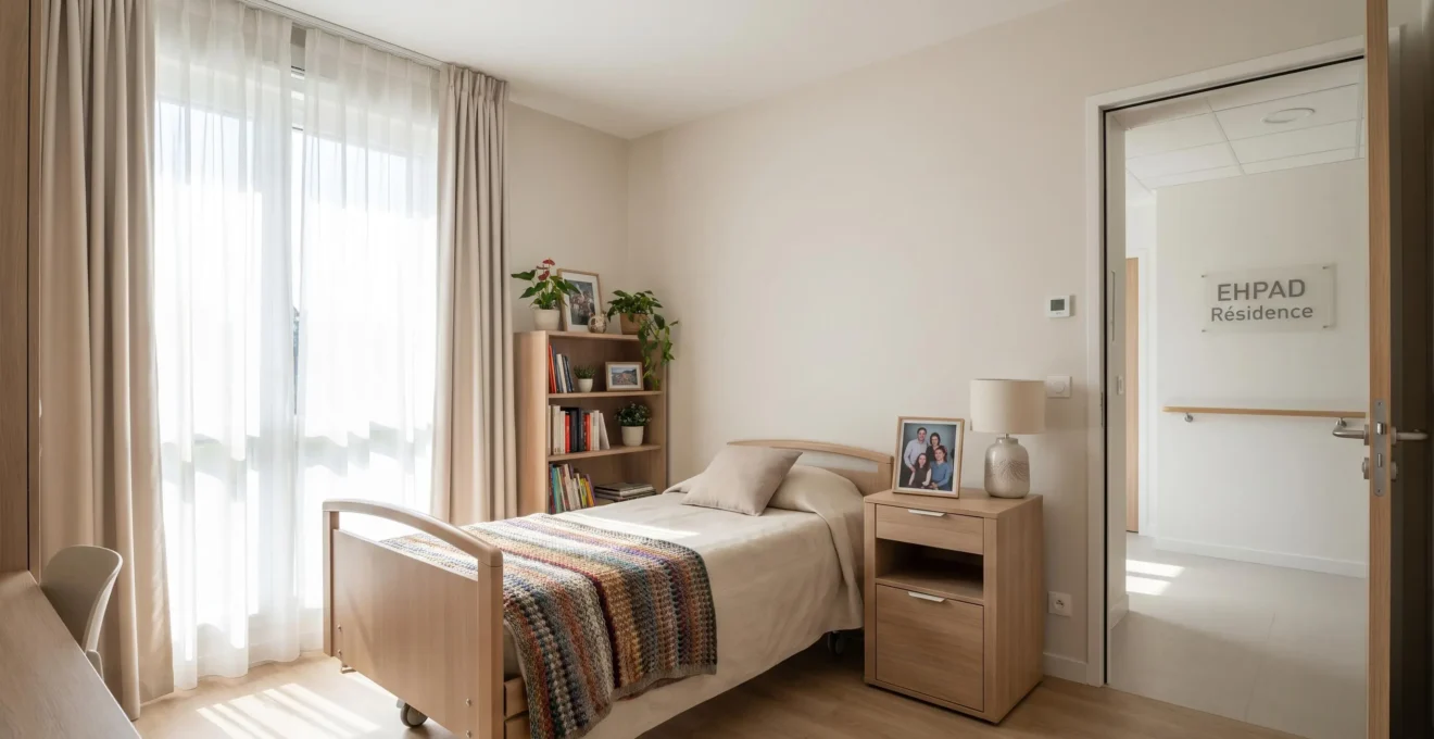 Vue d'une chambre lumineuse en EHPAD avec objets personnels sur la table de chevet et couverture colorée