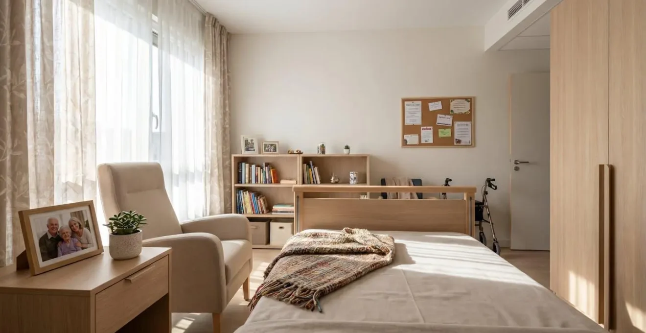 Vue d'une chambre lumineuse en EHPAD avec objets personnels sur la table de chevet et couverture colorée