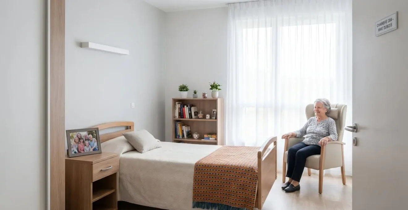 Vue d'une chambre lumineuse en EHPAD avec objets personnels sur la table de chevet et couverture colorée