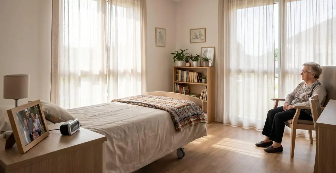 Vue d'une chambre lumineuse en EHPAD avec objets personnels sur la table de chevet et couverture colorée