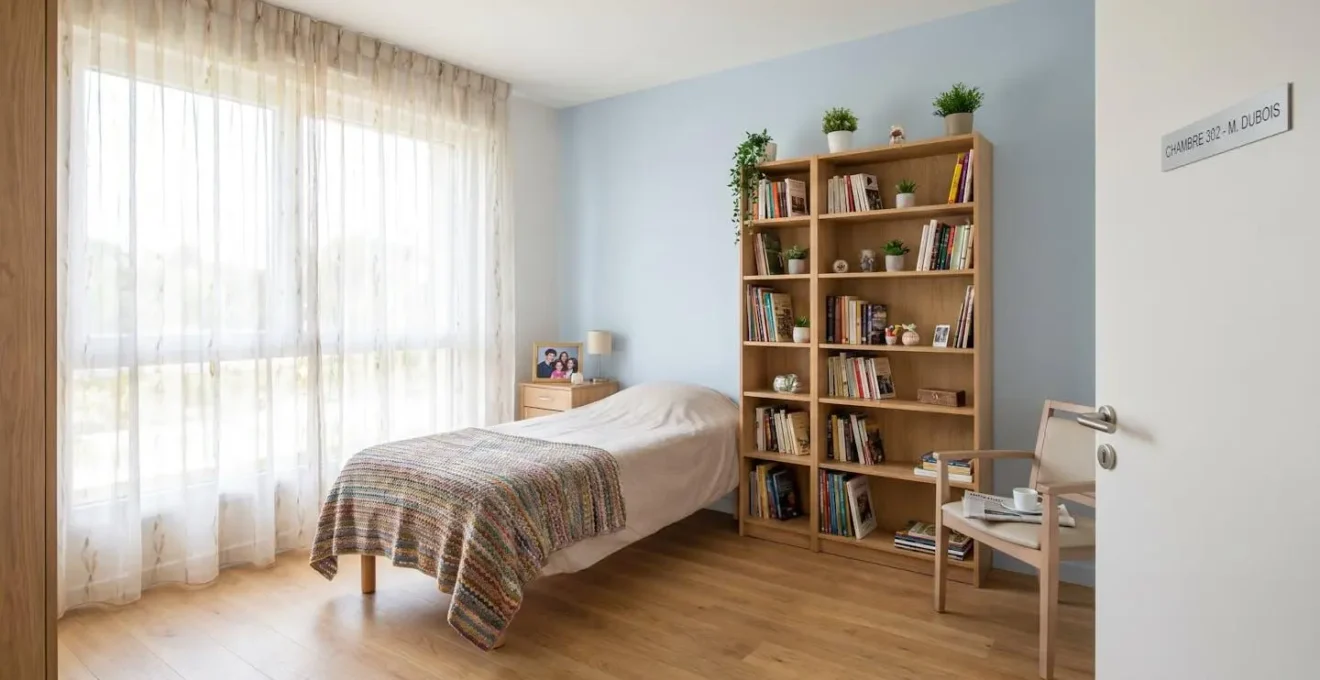 Vue d'une chambre lumineuse en EHPAD avec objets personnels sur la table de chevet et couverture colorée