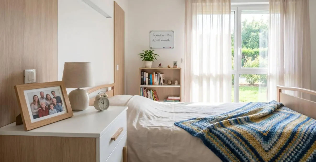 Vue d'une chambre lumineuse en EHPAD avec objets personnels sur la table de chevet et couverture colorée