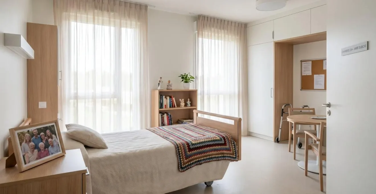 Vue d'une chambre lumineuse en EHPAD avec objets personnels sur la table de chevet et couverture colorée
