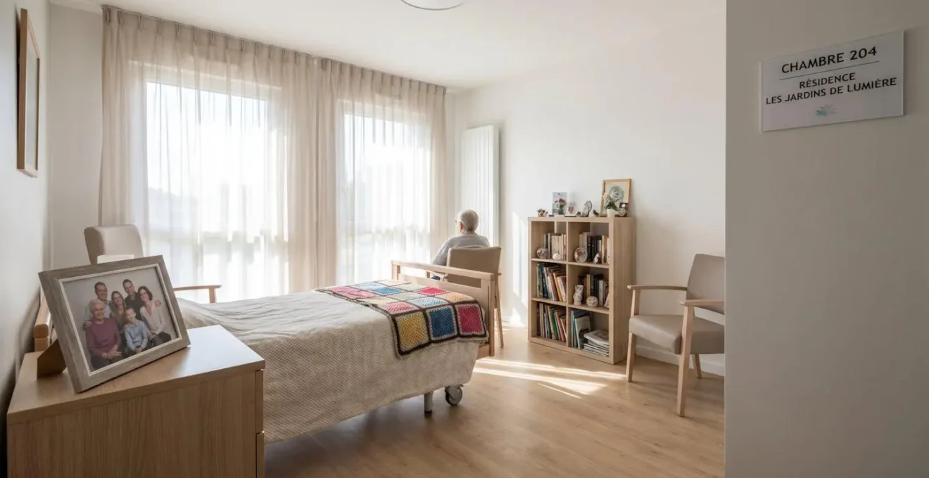 Vue d'une chambre lumineuse en EHPAD avec objets personnels sur la table de chevet et couverture colorée