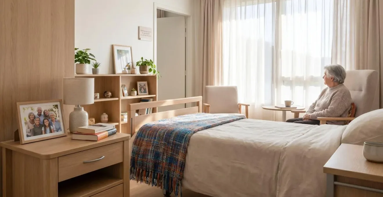 Vue d'une chambre lumineuse en EHPAD avec objets personnels sur la table de chevet et couverture colorée