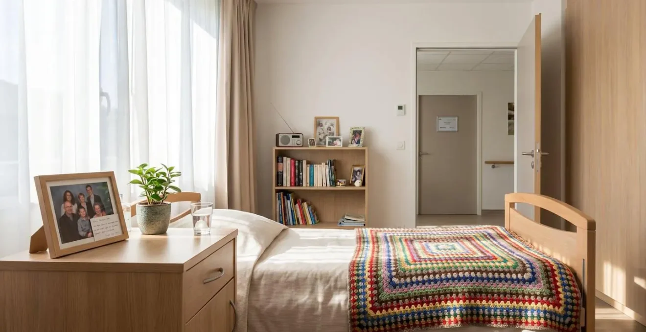 Vue d'une chambre lumineuse en EHPAD avec objets personnels sur la table de chevet et couverture colorée