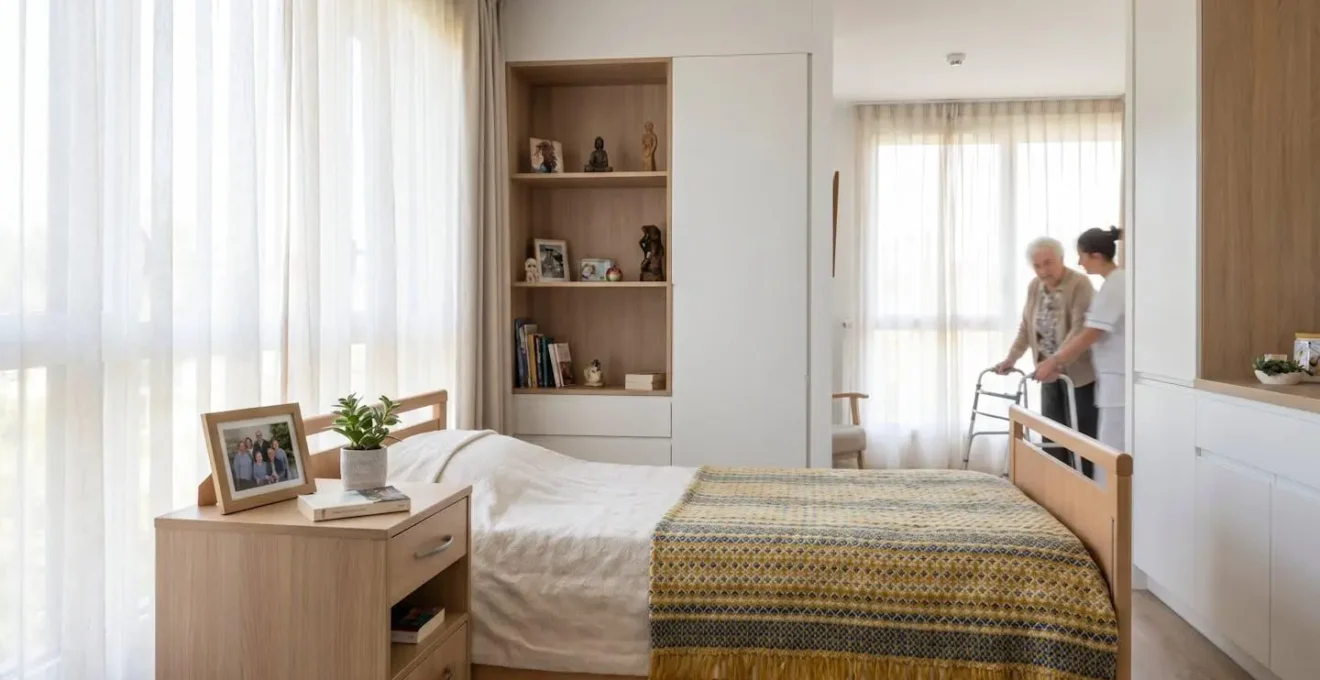 Vue d'une chambre lumineuse en EHPAD avec objets personnels sur la table de chevet et couverture colorée