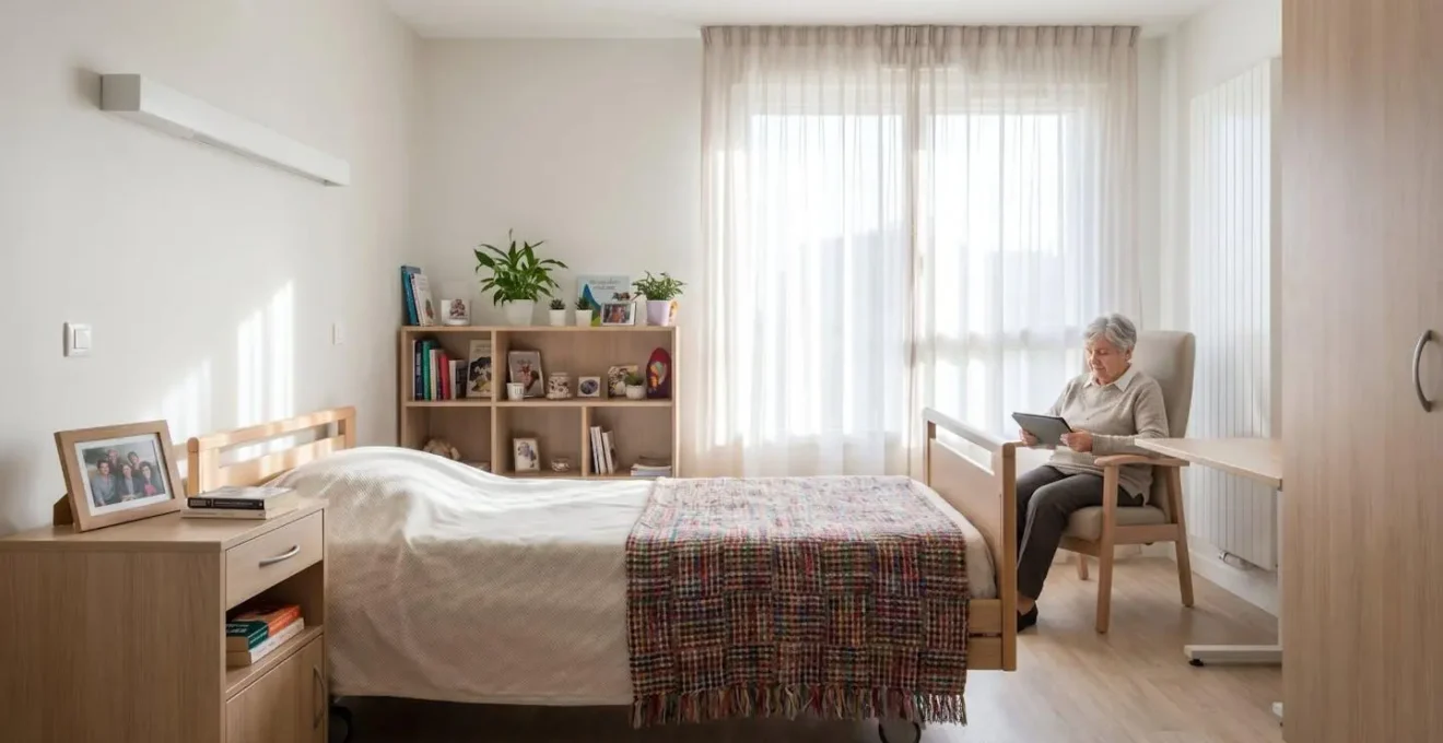 Vue d'une chambre lumineuse en EHPAD avec objets personnels sur la table de chevet et couverture colorée