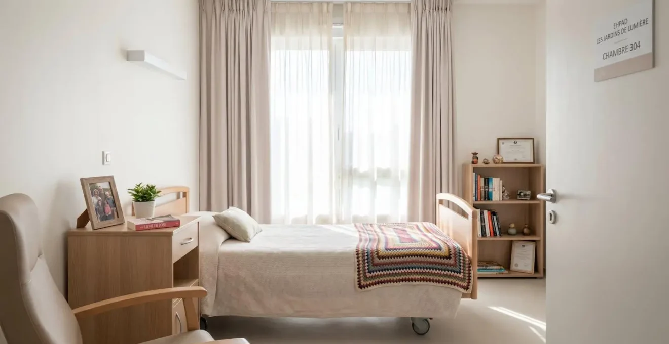Vue d'une chambre lumineuse en EHPAD avec objets personnels sur la table de chevet et couverture colorée