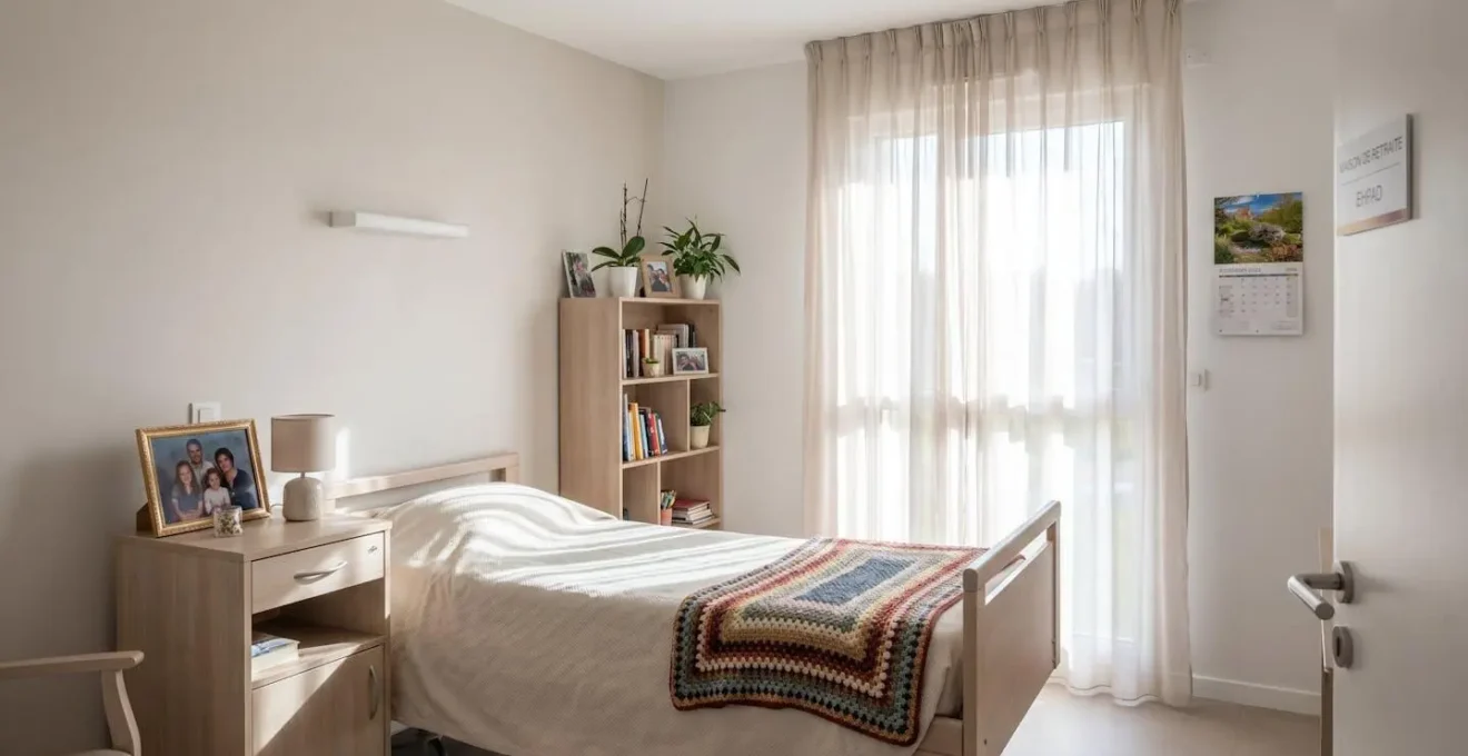 Vue d'une chambre lumineuse en EHPAD avec objets personnels sur la table de chevet et couverture colorée