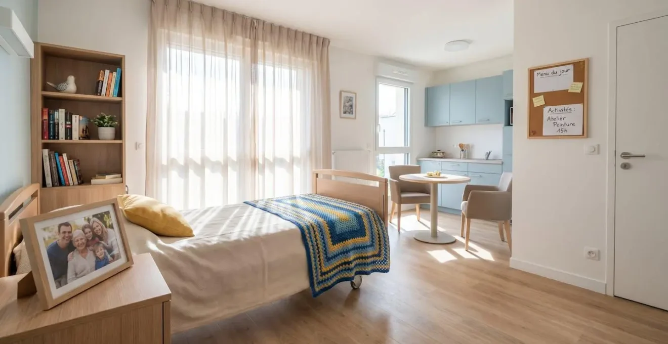 Vue d'une chambre lumineuse en EHPAD avec objets personnels sur la table de chevet et couverture colorée