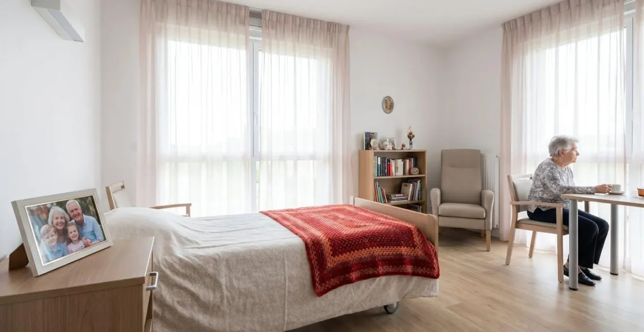 Vue d'une chambre lumineuse en EHPAD avec objets personnels sur la table de chevet et couverture colorée