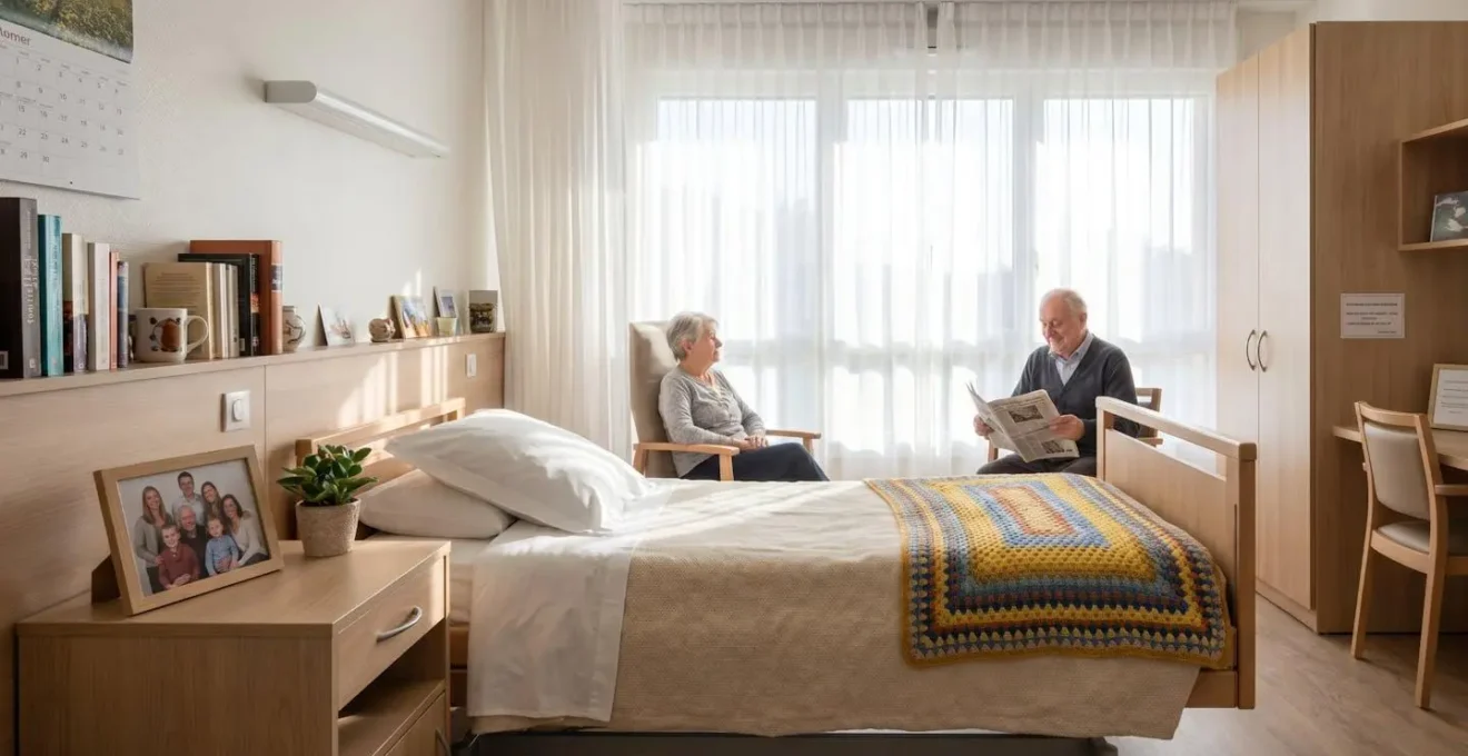 Vue d'une chambre lumineuse en EHPAD avec objets personnels sur la table de chevet et couverture colorée