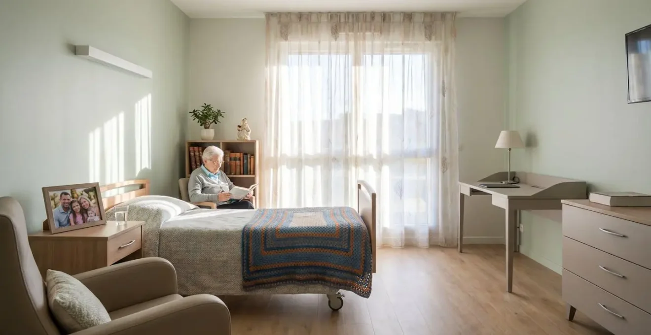 Vue d'une chambre lumineuse en EHPAD avec objets personnels sur la table de chevet et couverture colorée