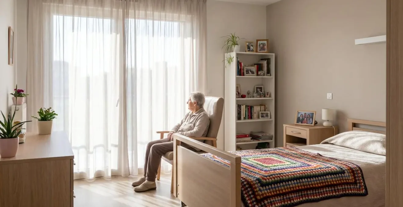 Vue d'une chambre lumineuse en EHPAD avec objets personnels sur la table de chevet et couverture colorée