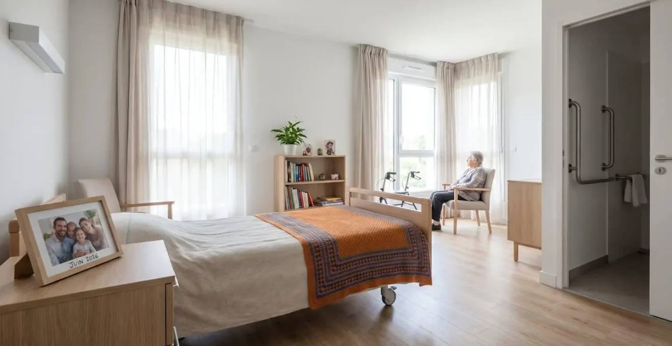 Vue d'une chambre lumineuse en EHPAD avec objets personnels sur la table de chevet et couverture colorée