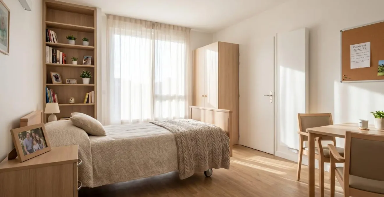 Vue d'une chambre lumineuse en EHPAD avec objets personnels sur la table de chevet et couverture colorée