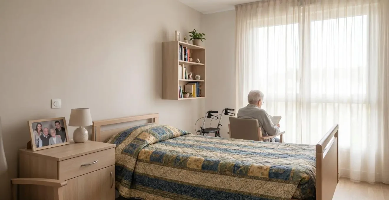 Vue d'une chambre lumineuse en EHPAD avec objets personnels sur la table de chevet et couverture colorée