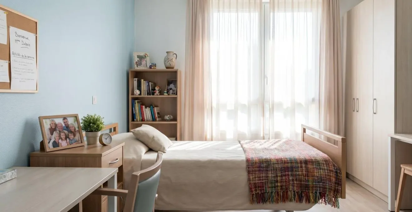 Vue d'une chambre lumineuse en EHPAD avec objets personnels sur la table de chevet et couverture colorée