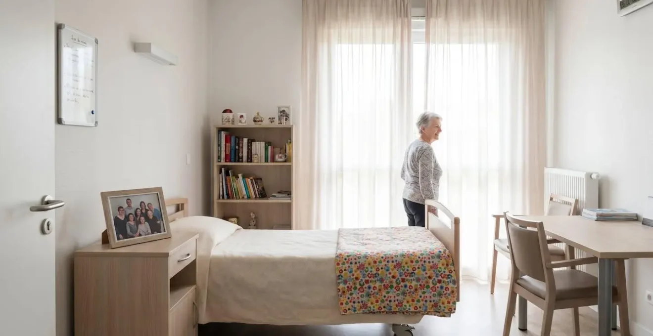 Vue d'une chambre lumineuse en EHPAD avec objets personnels sur la table de chevet et couverture colorée